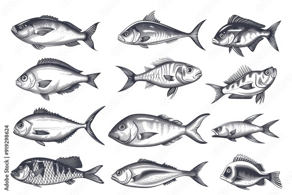 Close-up view of multiple species of fish swimming in unison on a clean white surface Close-up view of multiple species of fish swimming in unison on a clean white surface