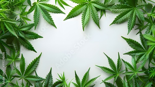 Marijuana leaves on a white background, close up top view on cannabis leaves and branches on white background for alternative medical and marketing design concept