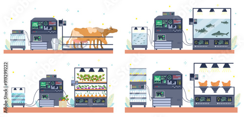 Smart milk, fish, garden and chicken farm set. Automatic controlled agriculture, livestock and horticulture farming development vector illustration