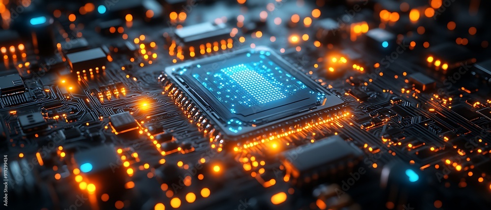 Obraz premium Illuminated circuit board with a glowing CPU.