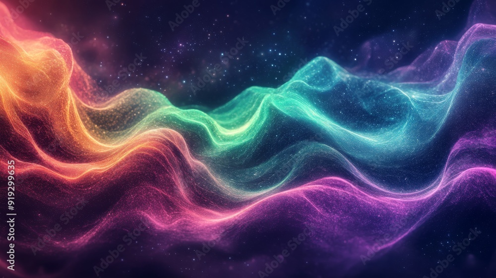Abstract Wavy Landscape with Glowing Particles and Stars Abstract Wavy Landscape with Glowing Particles and Stars