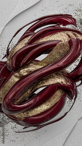 Beautiful Crimson Paint Swirls with Gold Glitter. Contemporary Design Wallpaper