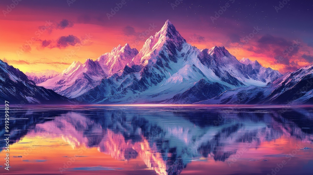 Obraz premium Snowy Mountain Range Reflecting in a Still Lake at Sunset