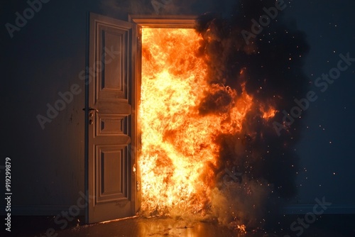 Fire bursting out from an opened door 