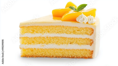 Piece of mango sponge cake on white background
