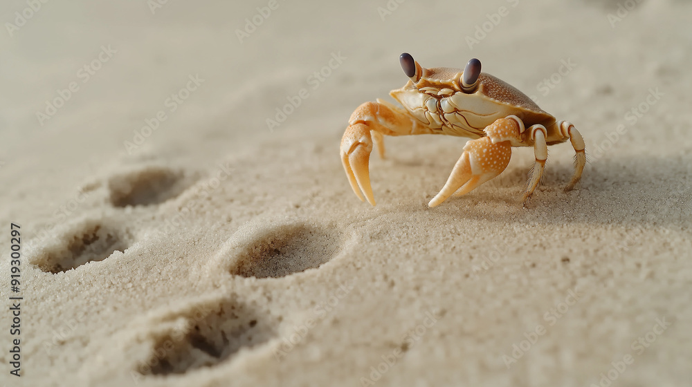A crab navigating around human footprints in the sand, emphasizing its small size in comparison to the surrounding environment A crab navigating around human footprints in the sand, emphasizing its small size in comparison to the surrounding environment