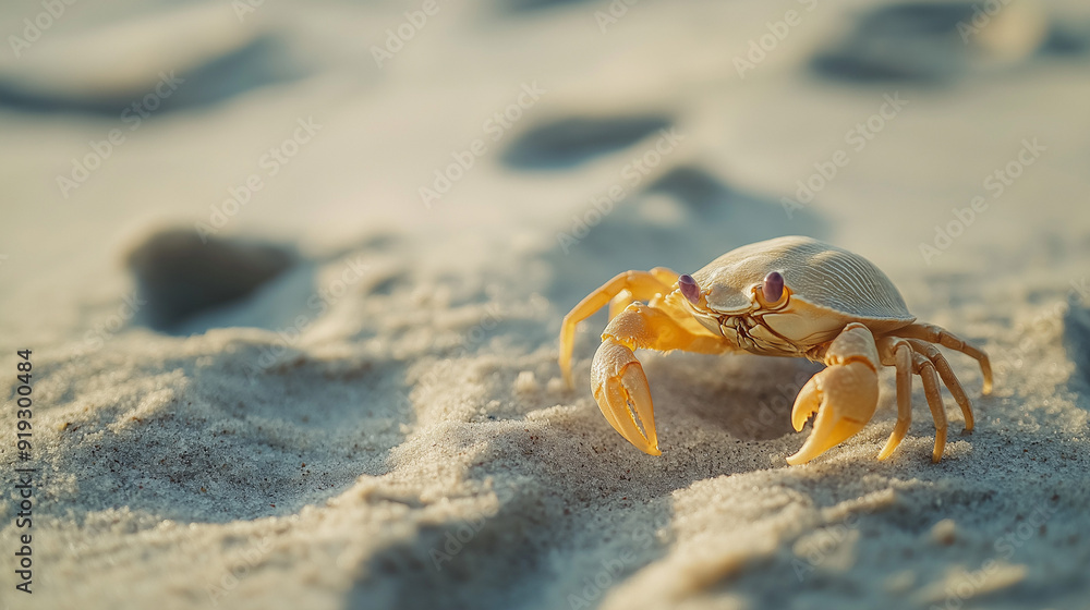 A crab navigating around human footprints in the sand, emphasizing its small size in comparison to the surrounding environment A crab navigating around human footprints in the sand, emphasizing its small size in comparison to the surrounding environment