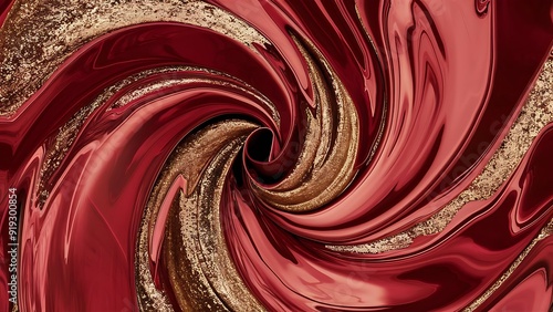 Beautiful Crimson Paint Swirls with Gold Glitter. Contemporary Design Wallpaper