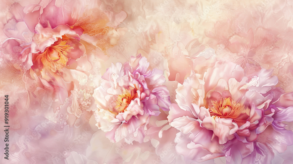 Watercolor peonies in wet-on-dry style, detailed petals in spring shades, pastel background Watercolor peonies in wet-on-dry style, detailed petals in spring shades, pastel background
