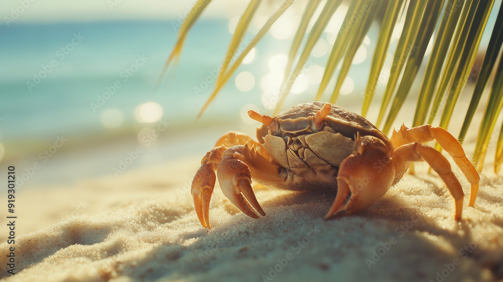 crab on the beach, The crab partially shaded under a small palm leaf or beach debris, with the bright tropical sun highlighting its shell crab on the beach, The crab partially shaded under a small palm leaf or beach debris, with the bright tropical sun highlighting its shell