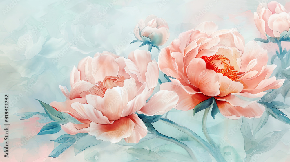 Watercolor peonies with feathering, smooth and flowing edges, elegant and delicate, clean background Watercolor peonies with feathering, smooth and flowing edges, elegant and delicate, clean background