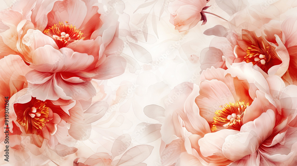 Watercolor peonies with feathering, smooth and flowing edges, elegant and delicate, clean background Watercolor peonies with feathering, smooth and flowing edges, elegant and delicate, clean background