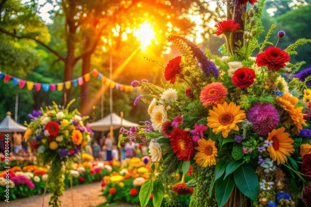 custom made wallpaper toronto digitalVibrant flowers and greenery adorn an empty festival scene, capturing the essence of a joyful cultural celebration, set against a warm and colorful summer background.