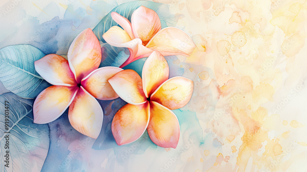 Watercolor plumeria detailing with fine brushes, intricate designs and vivid colors, light background Watercolor plumeria detailing with fine brushes, intricate designs and vivid colors, light background
