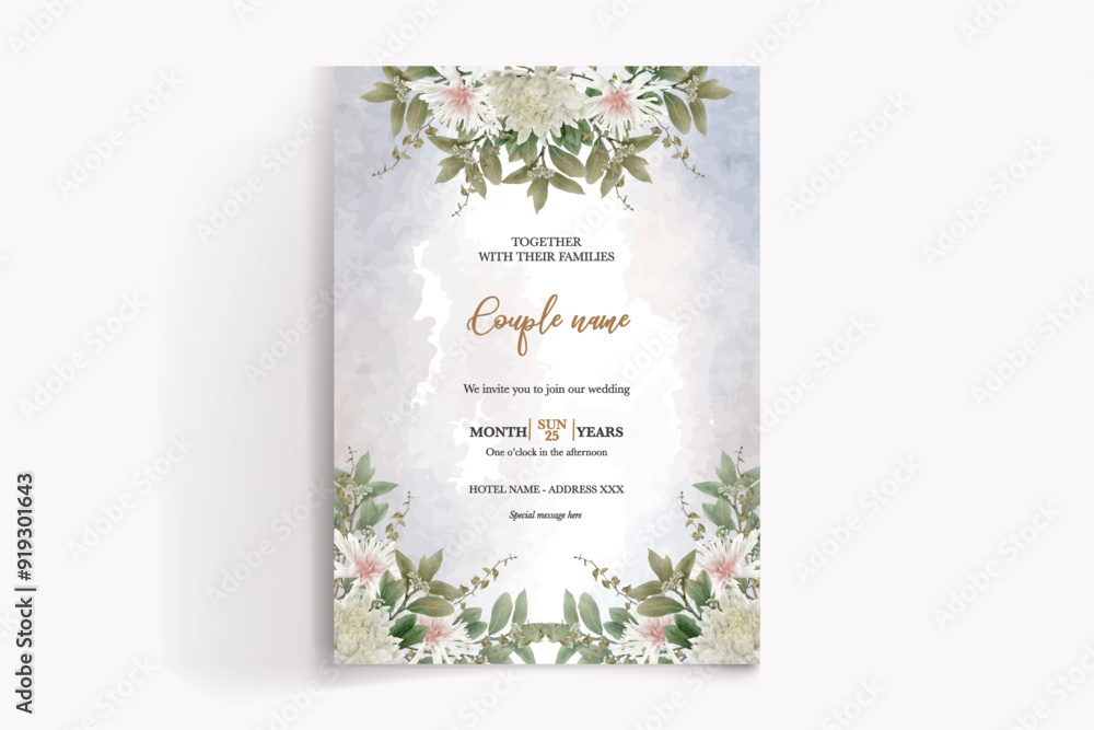 WEDDING INVITATION FRAME WITH FLOWER DECORATIONS WITH FRESH LEAVES WEDDING INVITATION FRAME WITH FLOWER DECORATIONS WITH FRESH LEAVES