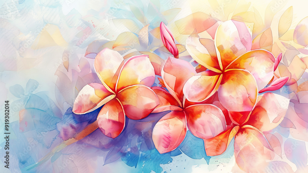 Watercolor plumeria pudica detailing with fine brushes, intricate designs and vivid colors, light background Watercolor plumeria pudica detailing with fine brushes, intricate designs and vivid colors, light background