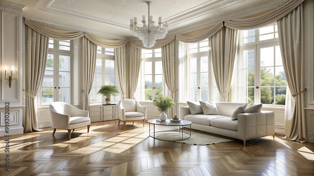 Elegant white room with floor-to-ceiling windows adorned with luxurious silk drapes and Roman shades, warm natural light pouring in, creating a serene ambiance. Elegant white room with floor-to-ceiling windows adorned with luxurious silk drapes and Roman shades, warm natural light pouring in, creating a serene ambiance.
