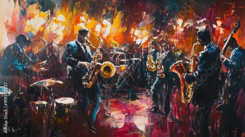 Lively depiction of a jazz band performing in a vibrant setting filled with dynamic energy and rich colors