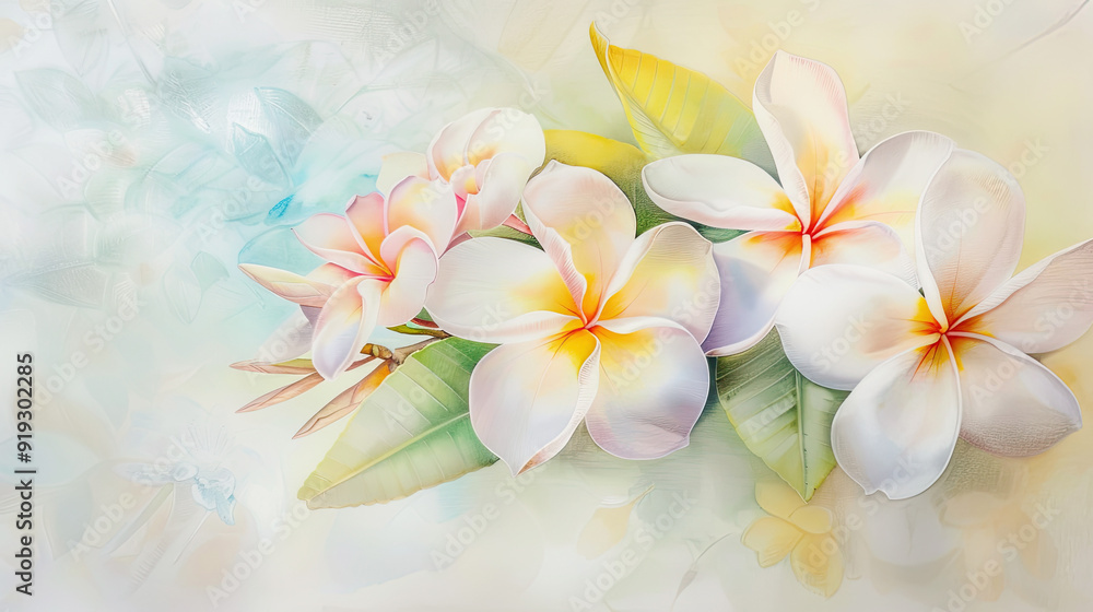 Watercolor plumeria pudica using lifting, gentle and soft pastels creating delicate effects, light background Watercolor plumeria pudica using lifting, gentle and soft pastels creating delicate effects, light background