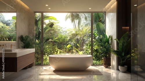 Luxurious bathroom with a freestanding tub, marble flooring, and a lush garden view creating a serene spa-like atmosphere photo