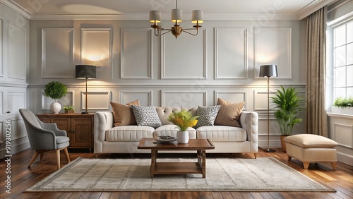 Elegant white wainscoting adorns a rustic living room wall, blending traditional style with modern charm, creating a warm and inviting atmosphere.