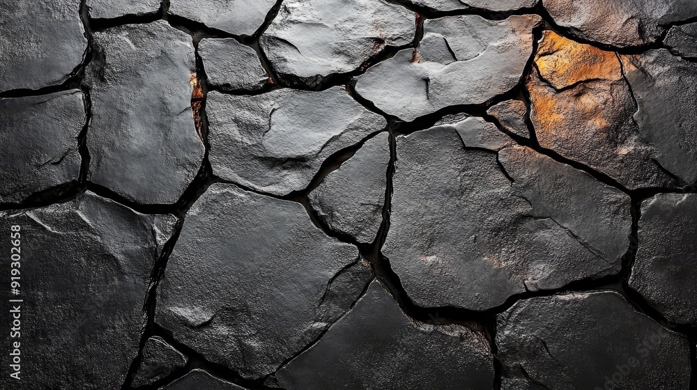 A black and gray stone wall with cracks and holes A black and gray stone wall with cracks and holes