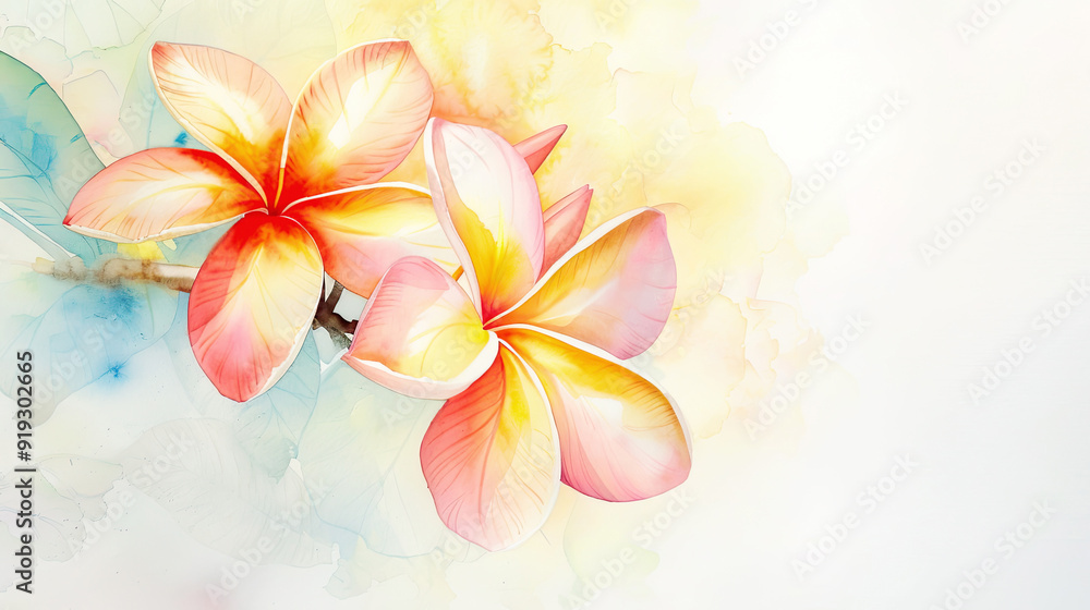 Watercolor plumeria with feathering, smooth and flowing edges, elegant and delicate, clean background Watercolor plumeria with feathering, smooth and flowing edges, elegant and delicate, clean background