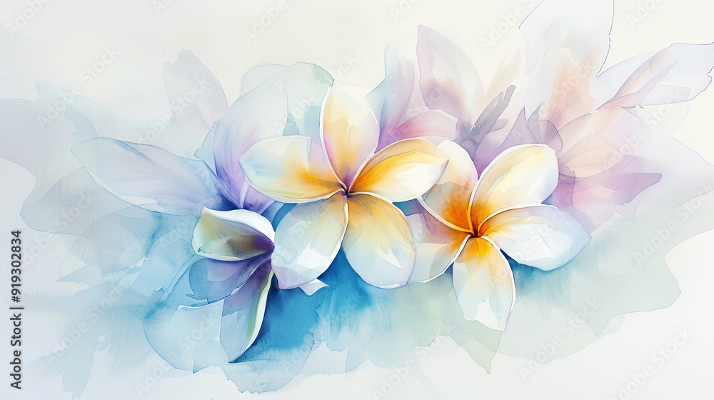 Watercolor plumeria with gradient washes, smooth transitions and delicate colors, light background Watercolor plumeria with gradient washes, smooth transitions and delicate colors, light background