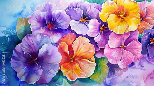 Wallpaper Mural Watercolor primroses detailing with fine brushes, intricate patterns and vibrant hues, light background Torontodigital.ca