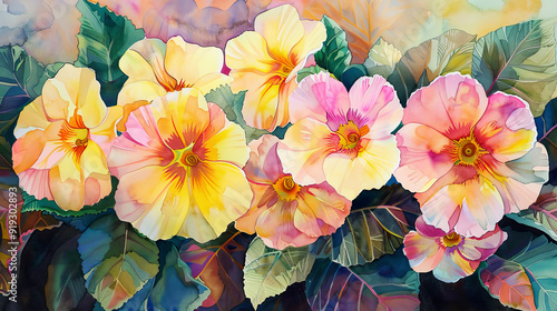 Wallpaper Mural Watercolor primroses in dry brush style, bold strokes and vivid spring colors, lively scene, clean background Torontodigital.ca