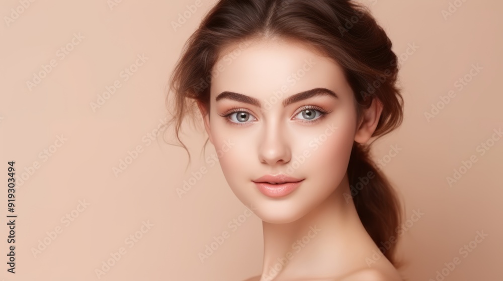 A close-up portrait of a young woman with radiant skin and bright eyes, exuding natural beauty. Her soft expression is highlighted against a neutral background, emphasizing her serene appearance A close-up portrait of a young woman with radiant skin and bright eyes, exuding natural beauty. Her soft expression is highlighted against a neutral background, emphasizing her serene appearance