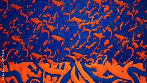 Blue and orange wallpaper with orange and blue paint at the bottom