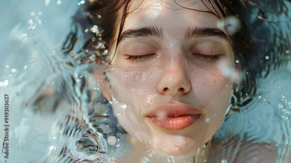 Close-up image of a woman with closed eyes, submerged in water, showcasing a serene and peaceful expression. Gentle ripples and bubbles accentuate the calm ambiance, smooth skin and relaxed state Close-up image of a woman with closed eyes, submerged in water, showcasing a serene and peaceful expression. Gentle ripples and bubbles accentuate the calm ambiance, smooth skin and relaxed state