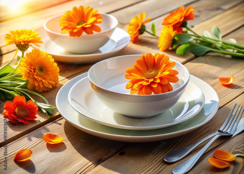 Vibrant orange flowers adorn the rim of a white dinner plate, paired with a matching bowl, evoking a sense of warmth and elegance on a sun-kissed table. Vibrant orange flowers adorn the rim of a white dinner plate, paired with a matching bowl, evoking a sense of warmth and elegance on a sun-kissed table.