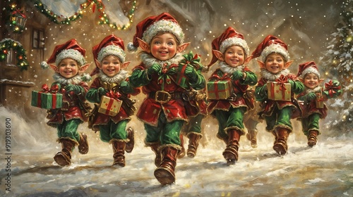 A group of Christmas elves, dressed in festive attire, carrying wrapped gifts as they march through a snowy landscape. The scene is joyful and full of holiday spirit.