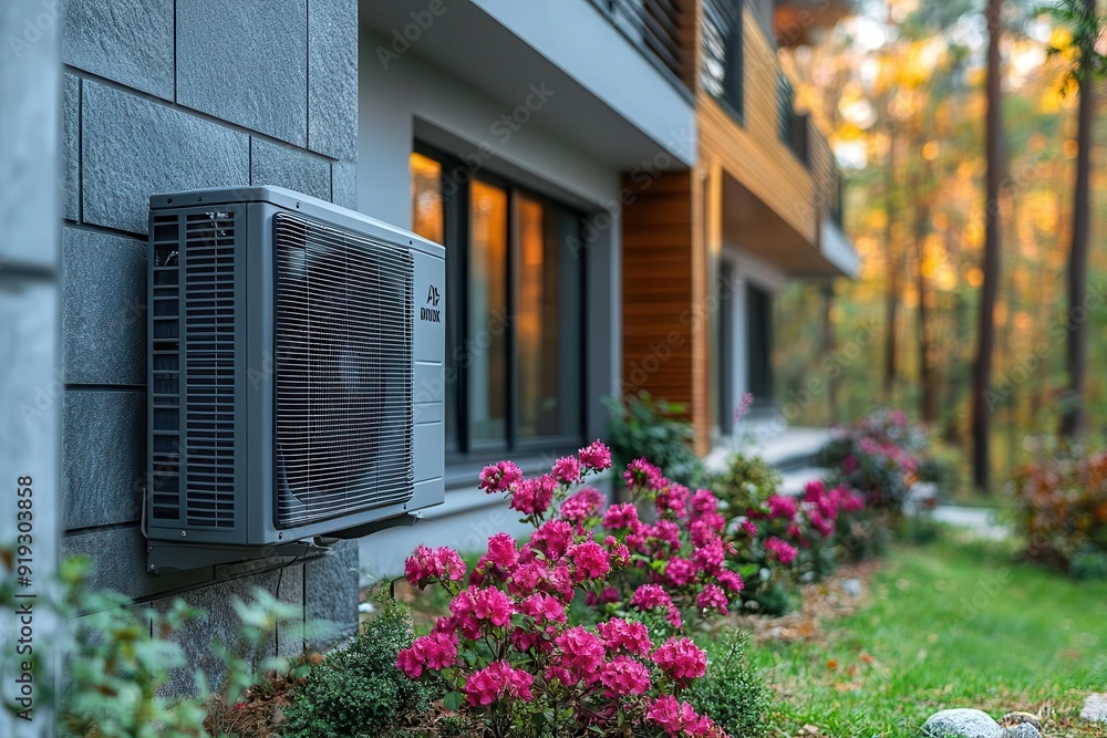 modern air source heat pump installed outside a contemporary home sleek design blends with architecture visual representation of energy efficiency and sustainability modern air source heat pump installed outside a contemporary home sleek design blends with architecture visual representation of energy efficiency and sustainability