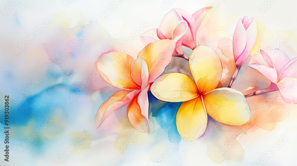 Fototapeta premium Watercolor tropical plumeria with feathering, smooth and delicate edges, light background