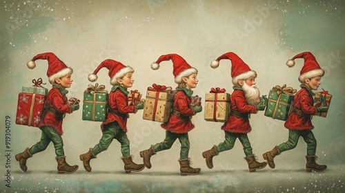 A joyful group of Christmas elves, dressed in red and green, marching through a snowy landscape carrying wrapped presents. The scene is set in a festive winter wonderland.