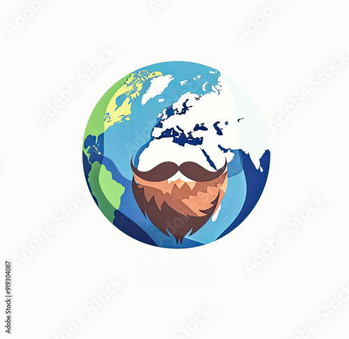 Globe with a beard and mustache illustration, symbolizing the global celebration of World Beard Day. photo