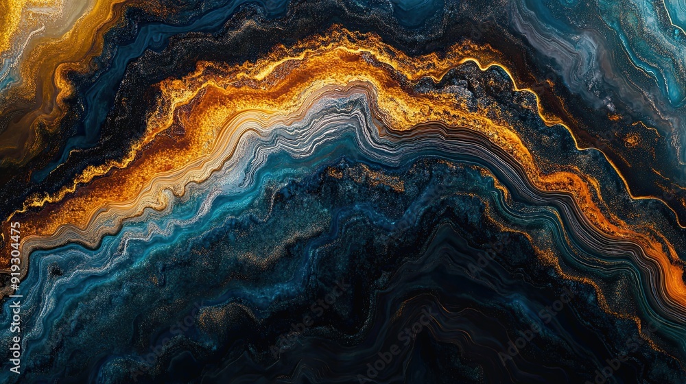 A painting of a wave with a gold and blue color scheme A painting of a wave with a gold and blue color scheme