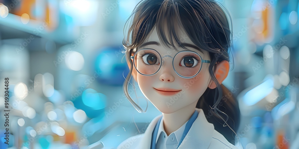 Adorable 3D character conducting research in a laboratory, surrounded by lab equipment like beakers, flasks, and test tubes, capturing a playful yet focused atmosphere of scientific discovery and expl Adorable 3D character conducting research in a laboratory, surrounded by lab equipment like beakers, flasks, and test tubes, capturing a playful yet focused atmosphere of scientific discovery and expl