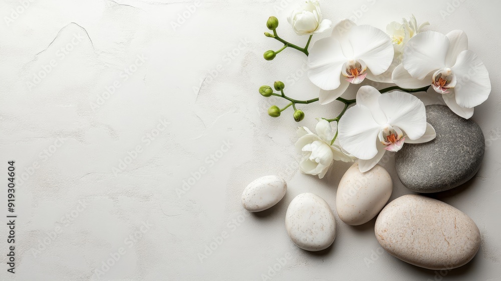 White Orchids with Smooth Stones on a Textured White Background White Orchids with Smooth Stones on a Textured White Background