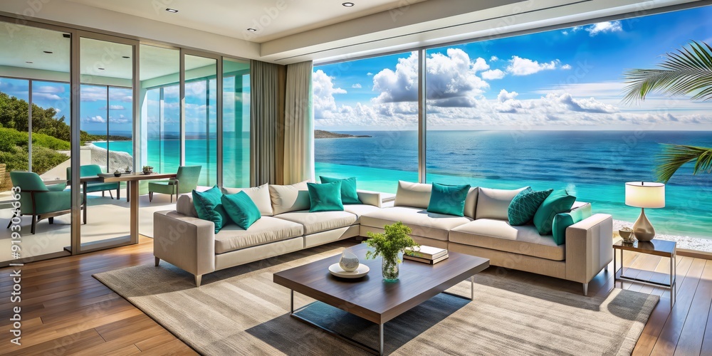 Breathtaking seaside retreat with sleek modern decor, plush sofa, and expansive window framing a dazzling turquoise ocean view, evoking ultimate summer relaxation and luxury. Breathtaking seaside retreat with sleek modern decor, plush sofa, and expansive window framing a dazzling turquoise ocean view, evoking ultimate summer relaxation and luxury.