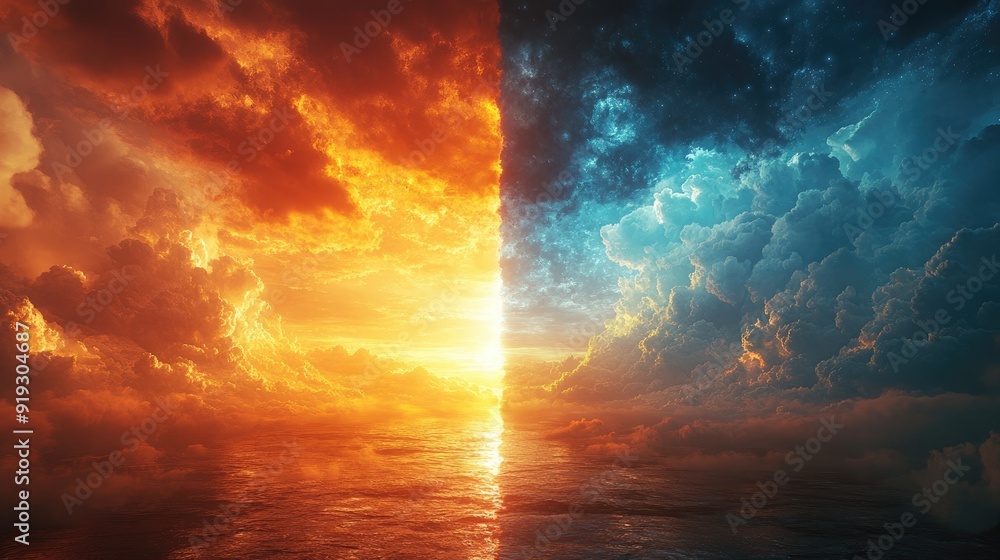 3D Render of a Landscape Divided: One Side Depicting Heaven, the Other Hell in Vivid Detail 3D Render of a Landscape Divided: One Side Depicting Heaven, the Other Hell in Vivid Detail