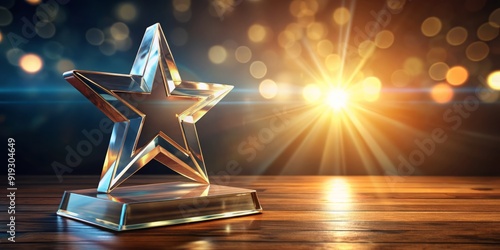 A majestic star-shaped glass award radiant with excellence, positioned on a vibrant, glowing table, exuding success, achievement, and recognition in a luxurious ambiance.