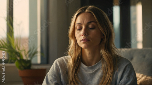 Healthy serene young woman meditating at home with eyes closed doing pilates breathing exercises, relaxing body and mind sitting on floor in living room. Mental health and meditation for no stress