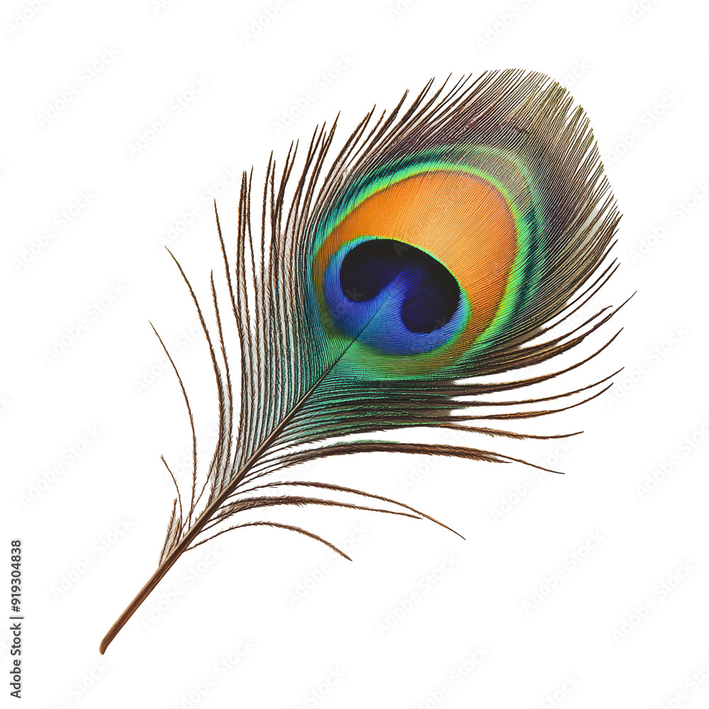 Fototapeta premium PNG Beautiful peacock feather on a white background
