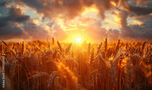 epic sunset in wheat field with crops glowing in the sunlight. #919305060