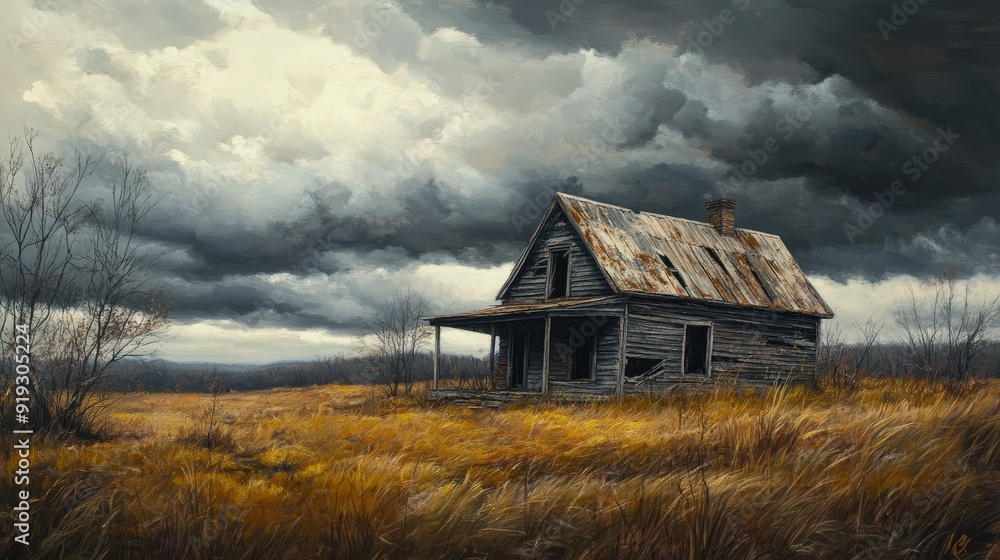 Rustic countryside scene with an abandoned weathered house under a dramatic cloudy sky, symbolizing decay, solitude, and the passage of time Rustic countryside scene with an abandoned weathered house under a dramatic cloudy sky, symbolizing decay, solitude, and the passage of time