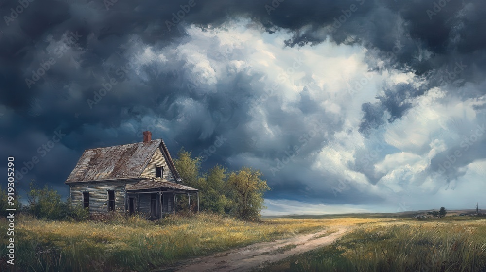 Rustic countryside scene with an abandoned weathered house under a dramatic cloudy sky, symbolizing decay, solitude, and the passage of time Rustic countryside scene with an abandoned weathered house under a dramatic cloudy sky, symbolizing decay, solitude, and the passage of time